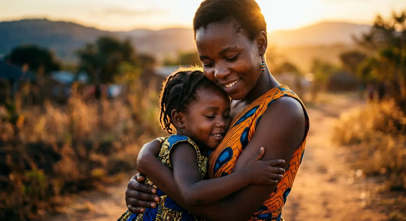 Mother lovingly embracing her child, representing security and peace of mind